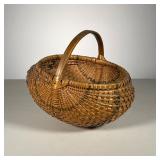 GREEN PAINTED MELON BASKET | Nice Melon shaped basket with green painted hi light bands. Great Color