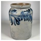 COBALT DECORATED STONEWARE CROCK | 19th C Salt glazed crock preserve jar with blue leaf decoration -