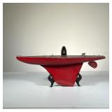 OLD POND BOAT WITH RED PAINT | Vintage Pond Boat with ships wheel rudder control. No apparent makers