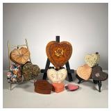 (11pc) FOLK ART CARVED HEARTS | Lot includes:(5) Vintage Cardboard Heart Boxes(2) Vintage Wood Burni