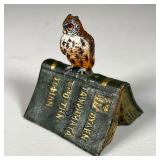 CAST IRON PAINTED OWL FIGURINE | Small Painted cast iron Owl perched on open book. 