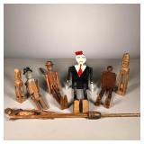 (7pc) FOLK ART FIGURINES & OTHER | Includes: Dancing Man, Climbing Monkey, Jointed Man w top hat, (2