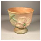 WELLER VASE | Small Vase with flower design in peach and green. Marked: Weller - dia. 4.25 in. 