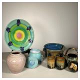 (8pc) ART POTTERY LOT | Lot includes:(4) Piece Mottled Teapot and tumblers. (1) Skull Plate in green