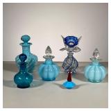 (7pc) BLUE GLASS PERFUME BOTTLES | Assorted blue glass perfume bottles. - dia. 3.5 in. (largest) 