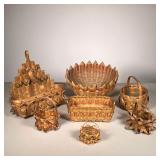 (7pc) RIBBON BASKETS | Rectangular basket with rose band has receipt describing it as Native America