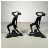 (2pc) ART DECO WOMEN BOOKENDS | Black painted cast iron with female figures and flower. 