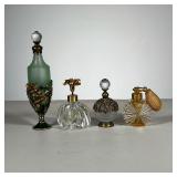 (4pc) DECORATIVE PERFUME BOTTLES | Cut glass and decorative perfume bottles. - dia. 2 in. (largest).