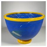 GLASS BOWL - BLUE COLORATION | Glass bowl with crackled blue coloration and yellow on rim and base. 