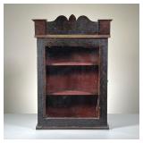 STENCILLED HANGING CABINET | Original finish of stenciling on black paint, crackled and aged. Two sh