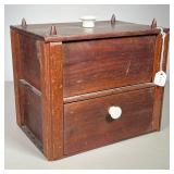 VINTAGE BOX | Mahogany Box with lift off top and drawer below with porcelain knobs. 