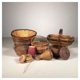 (8pc) MIC MAC TRIBE PAK & BASKETS | Lot Includes:(1) Miniature Pak by Lenora Davison, Mic Mac Tribe.