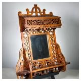 CARVED HANGING SHELF | Intricately Carved wooden shelf with a covered box at top and a center mirror