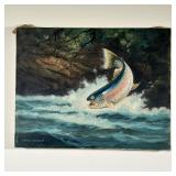 TERU SUZUKI OIL PAINTING | Oil painting on canvas depicting fish leaping out of the water hooked on 