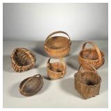 (6pc) SMALL BASKETS | Including: (5) Handled baskets;and (1) Buttocks Basket PA, c. 1950s with Prove