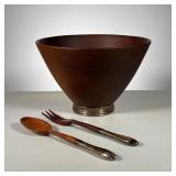 (3pc) MID-CENTURY TEAK SALAD BOWL | Mid Century Teak Salad Serving Bowl with silver base. Fork and s