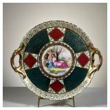 BEEHIVE SHIELD MARK PLATTER | Hand Painted Handled Circular Platter with Cupid and Woman. Marked wit