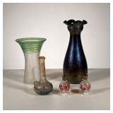 (5pc) ART GLASS | Including: (1) Daum Nancy style cruet jar with bird decoration; (1) Fluted iridesc