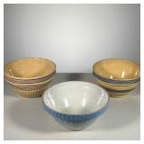 (3pc) YELLOW WARE BOWLS | Including: (1) Yellow Ware Blue banded bowl; (1) Blue Grey bowl with crown
