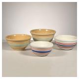(4pc) YELLOW WARE MIXING BOWLS | Including: (2) Graduated Bowls with light blue banding, marked "Gol
