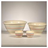 (4pc) YELLOW WARE MIXING BOWLS | Including: (2) Graduated Bowls with light blue banding, marked "Gol