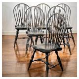 (6PC) BLACK PAINTED “JH” BRACE-BACK WINDSOR CHAIRS | Each with black distressed paint, branded “JH” 