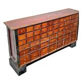 ANTIQUE APOTHECARY CABINET | "CHEW AND SMOKE JUST SUITS". With old paint and faded markings, cigar b