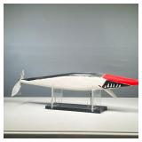 LARGE WOODEN FISHING LURE ON STAND | Large painted fishing lure with 3 hooks and spinning metal tail