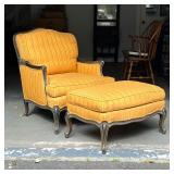 LOUIS XV LOUNGE CHAIR & OTTOMAN | Louis XV lounge chair and conforming ottoman with carved arms and 