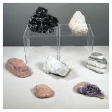 (7PC) OBSIDIAN, QUARTZ, AMETHYST, & OTHER GEODES | Various specimen rocks, obsidian the largest. - l