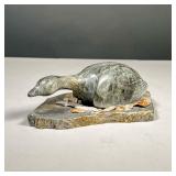 GLENN TINGOOK HAND CARVED STONE DUCK | Carved stone duck figurine on cut stone base with rock chip n
