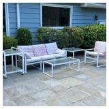 MEDALLION LEISURE FURNITURE MID CENTURY PATIO SUITE | Includes white aluminum armchair and couch wit