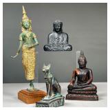 (4PC) MISC. ASIAN & OTHER DESK ITEMS | Including a standing Thai figure, two seated Buddhas (one com