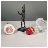 (3PC) LALIQUE, SA & OTHER DECORATIVE TABLE ITEMS | Including a cast metal satyr, a Lalique fish, and
