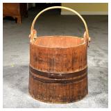 ANTIQUE WOODEN BUCKET | Early iron banding with rose head nails. - h. 19 x dia. 13 in (over handle)