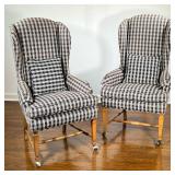 (2PC) FANCY DINING WINGCHAIRS | Each with plaid pattern, front legs with smart caster wheels, brass 
