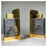 (2PC) LOCKPLATE BOOKENDS | Polished Brass, heavy bookends, each mounting a cast iron lock mechanism.