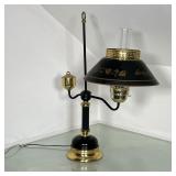 BLACK BRASS AND STENCIL STUDENT LAMP | Black and brass electrified student oil lamp with leaf stenci
