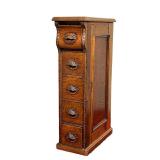 NARROW WOODEN SIDE CABINET | Narrow side cabinet for desk with carved wood clamshell pulls. - l. 16.