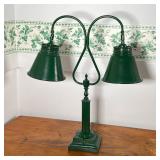 GREEN TOLE DOUBLE DESK LAMP | Green desk lamp with 2 curved arms holding lamps connected with ball j