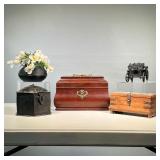 (5PC) MIXED DECORATIVE LOT | Includes: 2 carved wood boxes; one with lock and key, other with brass 