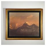 FRAMED MOUNTAIN RANGE PHOTOGRAPH | Depicts sun cascading across large snowy mountain range in gilt f