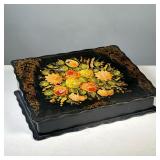 BLACK AND FLORAL DOCUMENT BOX | Black document box decorated with floral bouquet on front with mothe