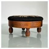 ANTIQUE NEEDLEPOINT FOOTSTOOL | Small antique footstool with floral needlework cushion on top. - h. 