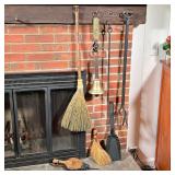 (9PC) MISC. FIREPLACE TOOLS | Includes cast iron poker, 2 small brooms, brass bell with leather hand