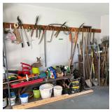 LARGE LOT MISC.GARDEN TOOLS | Including; electronic hedge trimmers, leave blower, shovels, spades, r