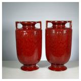 (2PC) RED CERAMIC VASES | Global Views, with flambe glaze. - h. 16 x dia. 8.5 in (each) 