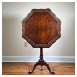 Octagonal Side Table | Tilt top table with burl wood and carved rim on a tripod base. - h. 28.25 x d
