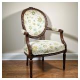 Carved Wood Fauteuil | B. Altman collection with textured fabric upholstery with green / light blue 