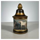Decorative Lidded Jar | Black and gilt container with paper mache landscape with horses. - h. 7 x di